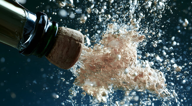 Detail view of a champagne bottle releasing its cork, followed by a burst of bubbles