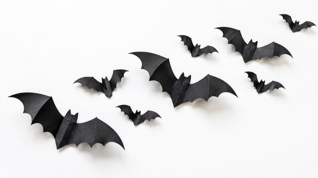 Handmade black paper bat decorations arranged diagonally on a clean white background