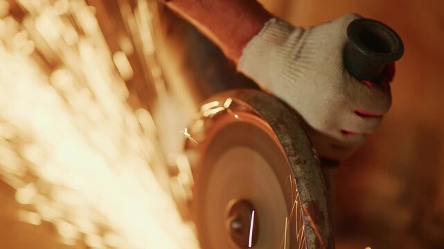 Worker grips tool with focused determination. Sparks erupt in golden showers around cutting disc. Hands steady despite heat and grit of metal. Industrial scene shows raw, energetic craftsmanship