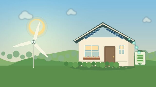 Renewable Energy Home with Solar Panels and Wind Turbine