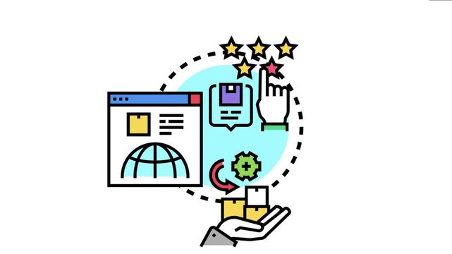 Package delivery service concept showing online ordering, fast shipping, cargo logistics, reliable distribution, and customer satisfaction with a five star rating