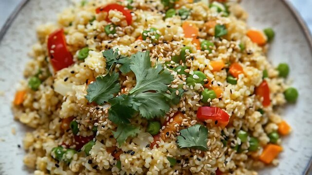 Cauliflower rice salad with peas, carrots, peppers, sesame, and cilantro