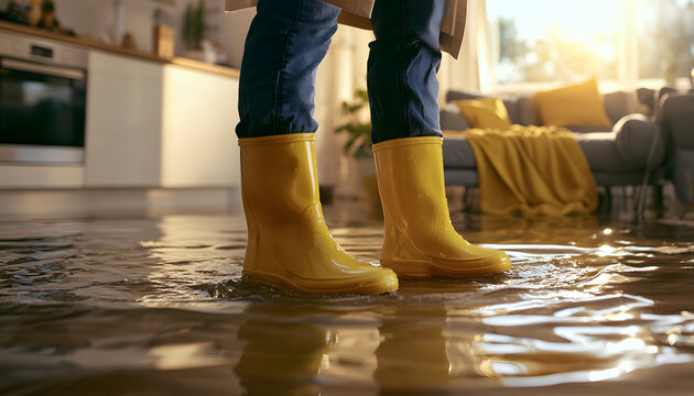Water is visible on the floor, and a person wearing yellow boots stands inside a flooded room