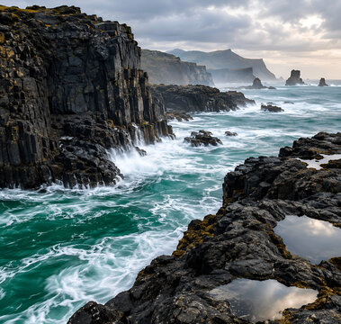 Scenic rocky coastline with crashing ocean waves and dramatic cliffs under a cloudy sky with ai