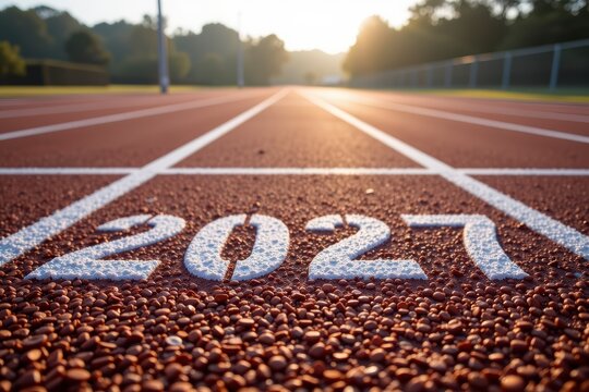 Running track with 2023 painted on road in sunrise light sports background copy space
