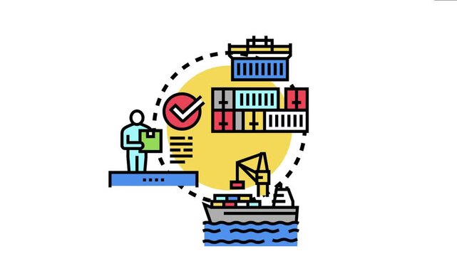 Logistical workflow a person receiving a package from a cargo container ship, with containers moving through the supply chain