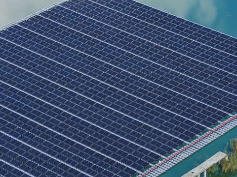 Aerial view of floating solar panels on the water in Ragakapa Nature Park in Jurmala, Latvia.