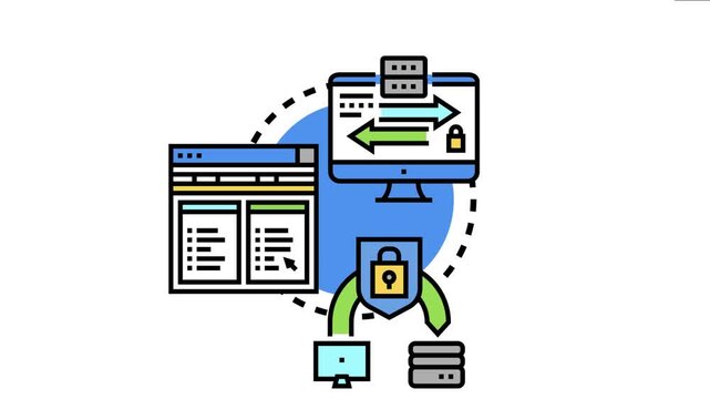 Packet transfer protocol concept data exchange between computers, displaying network security, protected information access, server communication, and digital technology processing