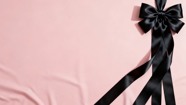 Black satin ribbon bow on pink silk fabric for greeting background.