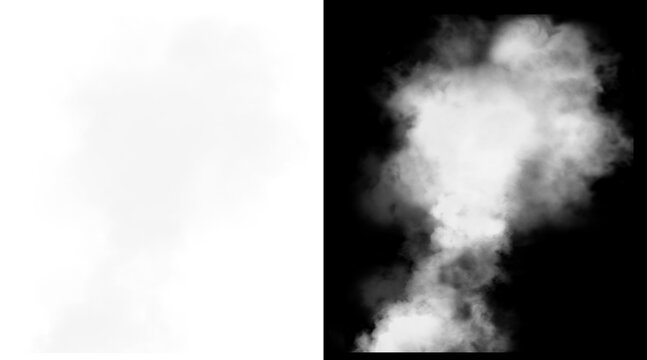 Atmospheric white smoke plume on black background, realistic steam cloud effect with alpha mask, ethereal fog element for VFX compositing