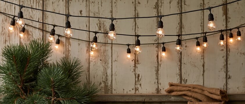 String Lights Hanging Over Rustic Wooden Wall