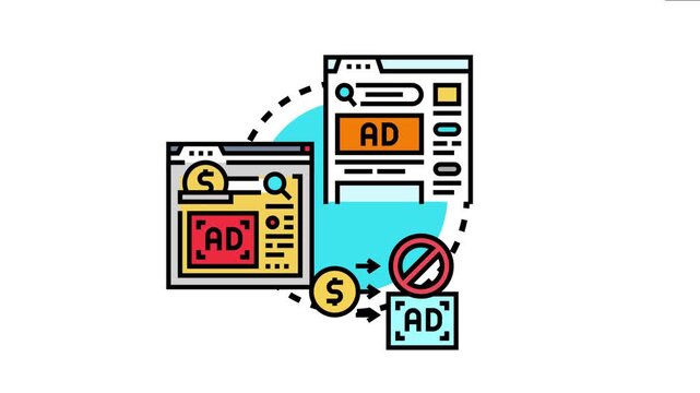 Paid search results displaying web browsers with advertisement sections and money flowing towards an ad blocker icon, online promotion and internet advertising strategy