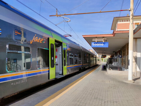 Loano, Italy - September 20, 2026: Entrance to Loano railway station in Liguria, Italy, featuring the station building and access area.