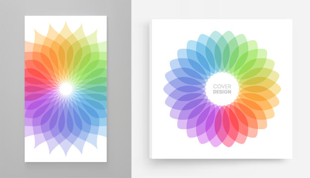 Circular frame made of colorful, semi-transparent petals. Graphic design featuring overlapping elements. Abstract flower isolated on a white background. Color gradient. Vector for cover, card, decor.