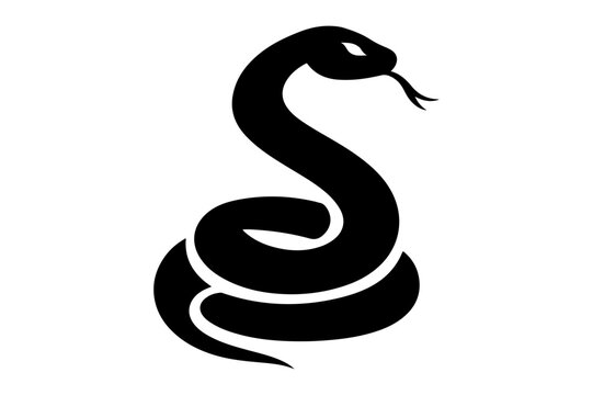 Black snake silhouette vector icon, coiled serpent with flicking tongue, minimalist reptile logo design isolated on white background