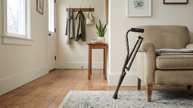 A metal walking cane standing next to an upholstered armchair in a bright home entryway with armchair placed patterned