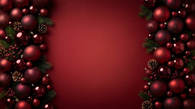 Fresh red berries and dark blackberries arranged as a decorative frame on a maroon background