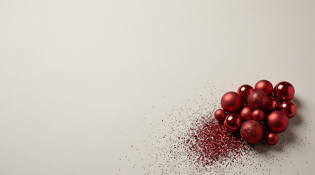 Shiny red christmas ornaments with sparkling festive glitter on a simple grey surface