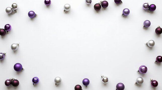 Purple and silver christmas baubles arranged in a circular frame on a plain flat surface