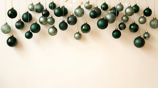 Many dark green and silver christmas ornaments hanging as a festive holiday decoration border