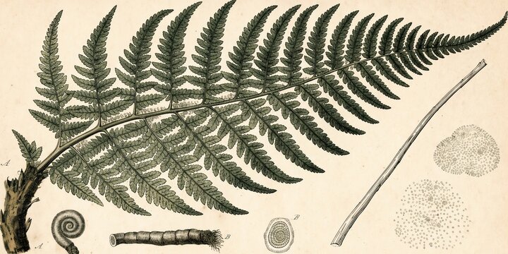 Botanical illustration of a fern frond with botanical specimen details. Vintage natural history engraving. Plant taxonomy and scientific study. Antique botanical reference art.