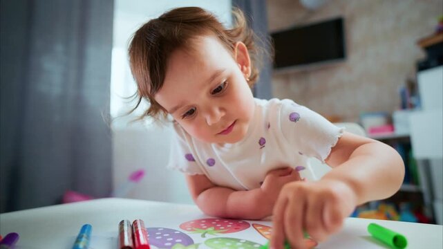 Toddler draws with crayons at a white table. Child focuses intently on colorful paper. Bright room with soft natural light. Perfect for educational or parenting content