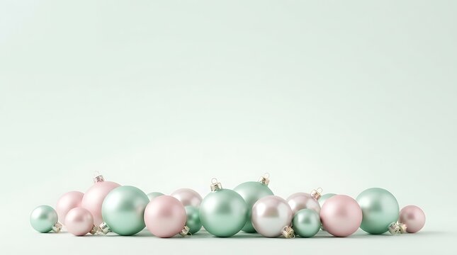 Shiny pastel pink and mint green christmas ornaments arranged in a row on a soft color surface