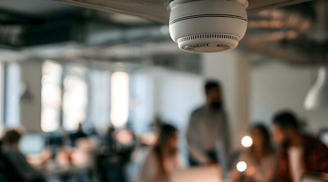 A detailed shot of a sleek white smoke detector mounted on the office ceiling, where people are working in the indistinct background, highlights the importance of the fire alarm system