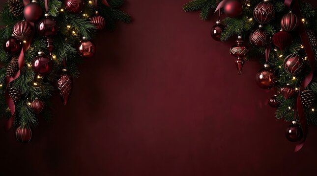 Christmas festive border with dark red ornaments and glowing lights on a dark background