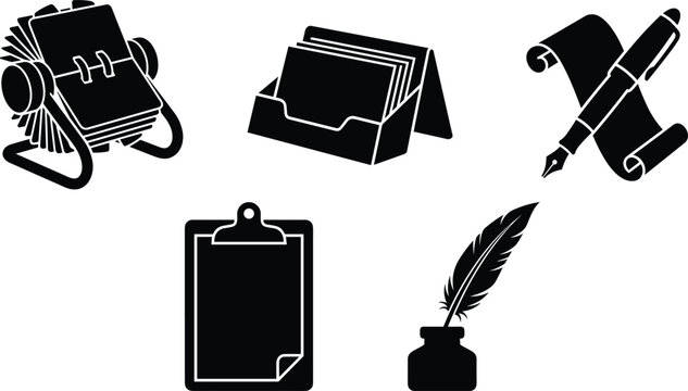Office stationery and writing history silhouette vector icon set featuring a rolodex card holder clipboard scroll and feather inkwell