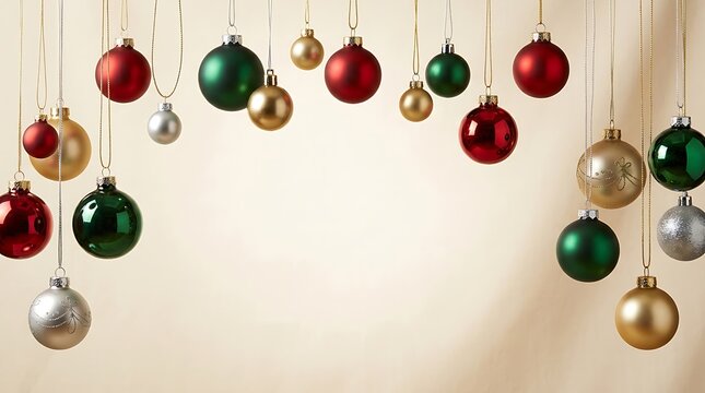 Colorful shiny christmas baubles hanging as festive holiday decorations for a seasonal greeting