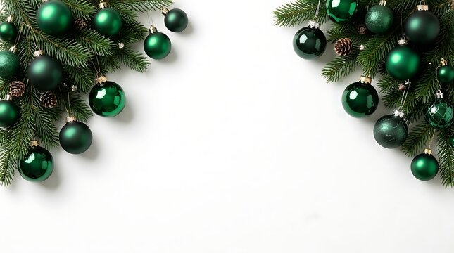 Shiny dark green christmas balls and pine tree branches arranged as a festive border frame