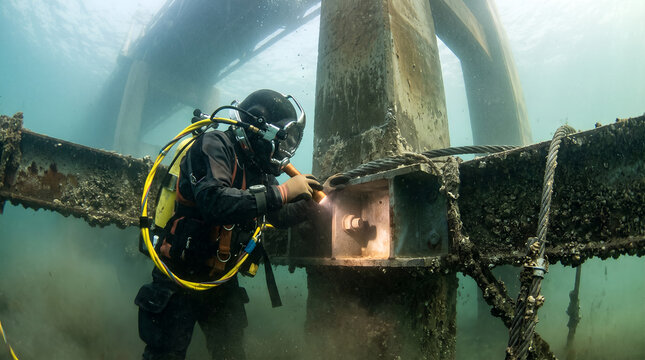 Diver inspecting underwater structure with welding tool in ocean  