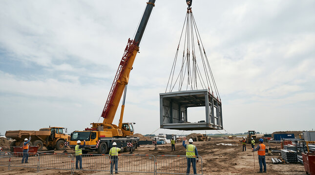 Construction workers using crane to lift building module on site  