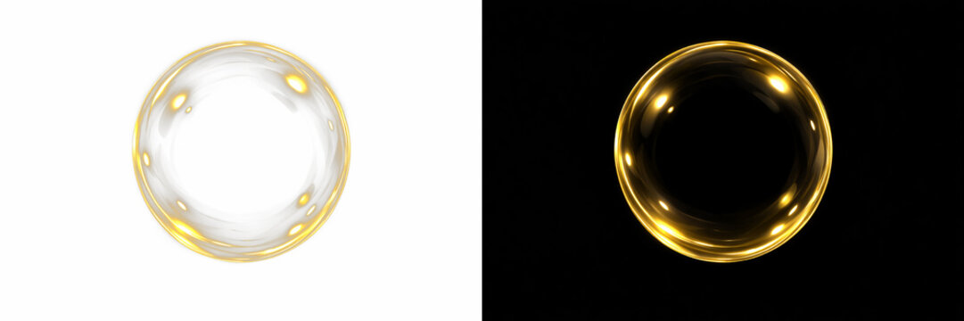 Pair of glowing golden circular rings with reflective highlights on transparent background