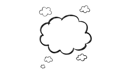Hand drawn chalk cloud thought bubble with tiny clouds on transparent background. Sketchy frame template representing dreaming, creative ideas, thinking process, weather, or cartoon dialogue overlays. © Iryna