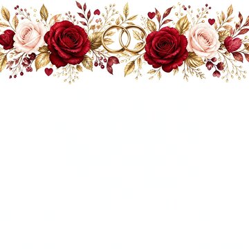 Watercolor Red Roses Border with Gold Leaves and Linked Rings