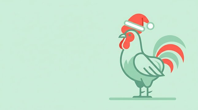 Christmas rooster with Santa hat vector illustration in flat design style with copy space for winter holiday greeting cards and festive farm decorations
