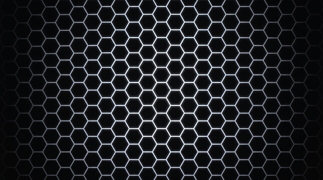Glowing hexagonal grid pattern with silver light lines on a dark black textured background