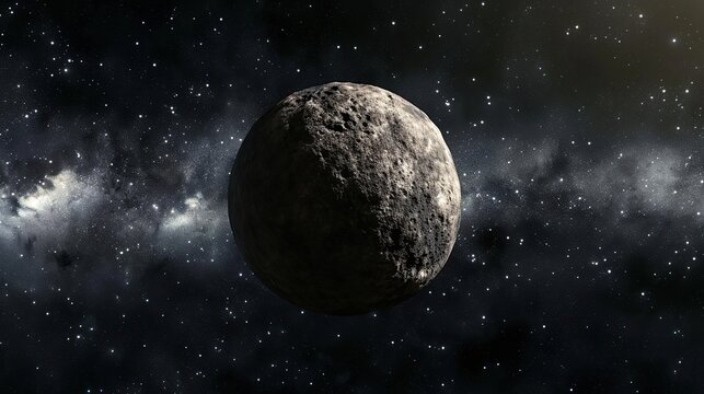 Cinematic view of a massive rocky planetoid floating in the vast darkness of deep space surrounded by distant stars and a cosmic nebula, detailed planetary surface with craters and textures.