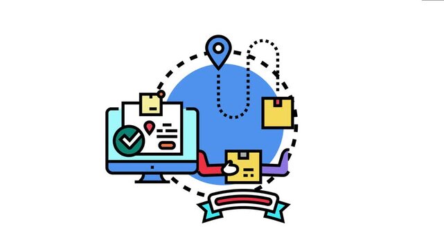 Parcel drop chute service process featuring online order tracking, delivery, and a package moving towards a destination point
