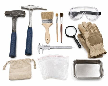 Assorted construction tools and safety gear arranged for home improvement project display
