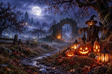 Fototapeta premium Moonlit Halloween pumpkin scarecrow scene near haunted stone arch