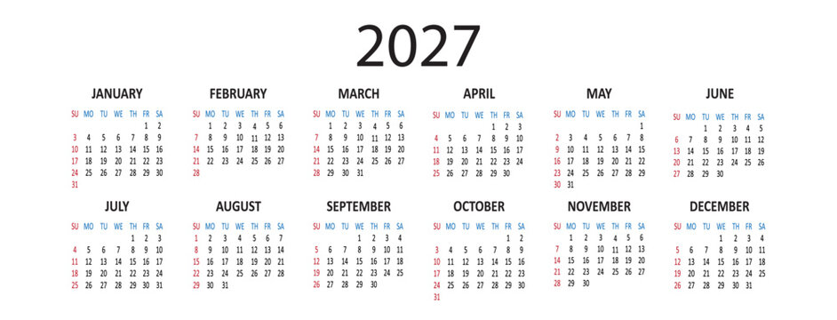 American calendar 2026 year. Week starts on Sunday. USA date daily. Vector illustration