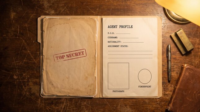 Top secret agent profile dossier folder with D.O.B. and codename fields on rustic wooden desk