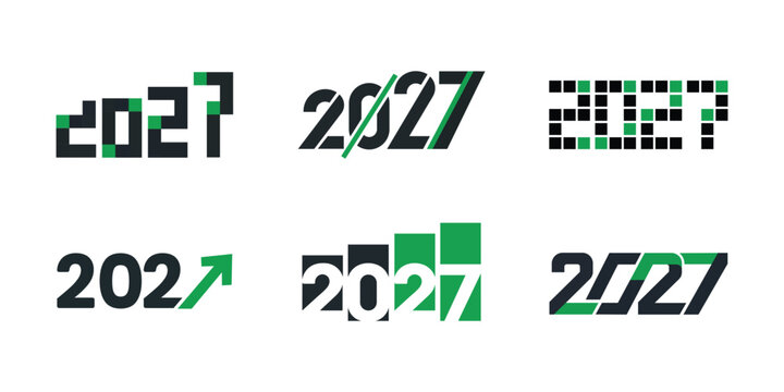 Happy New Year 2027 tech typography logo set, featuring green and black digital number designs, growth arrow symbols, pixel grids, and corporate business logos, vector