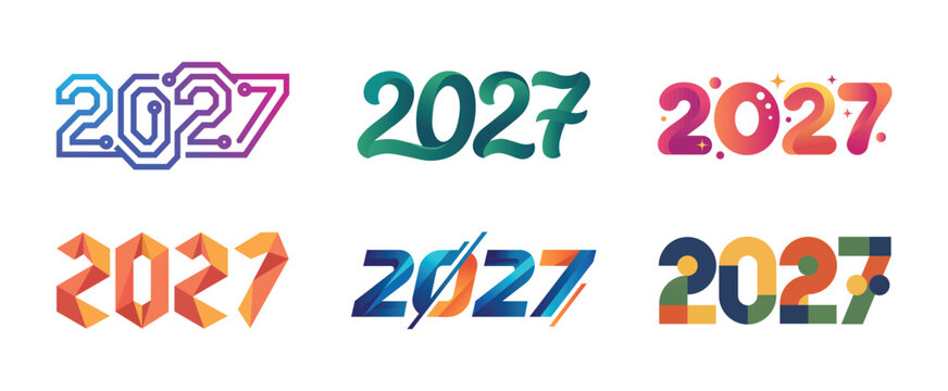 Set of 6 Creative 2027 New Year Typography Designs &ndash; Circuit, Script, Sparkle, Geometric, Sliced & Color Block Styles