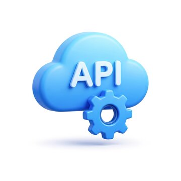 API cloud with gear icon on white background. Clear form and strong color contrast suit cybersecurity campaigns, technology websites, presentation slides, and social media graphics.