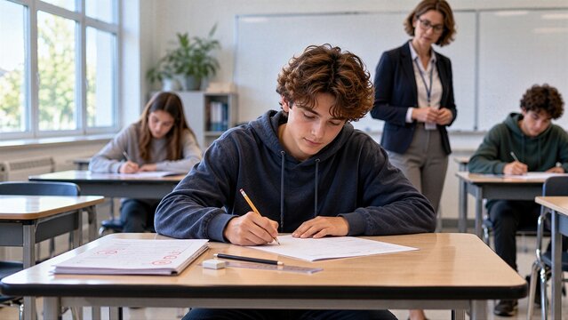 Teen student takes a second attempt at a school test, showing resilience, remediation, renewed effort and the educational value of another chance to improve academic performance.