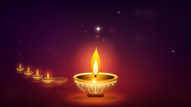 Diwali festival loop celebration with traditional diya oil lamp row ignition glowing in dark background space for spiritual ceremony worship event greeting with warm light flame spark movement